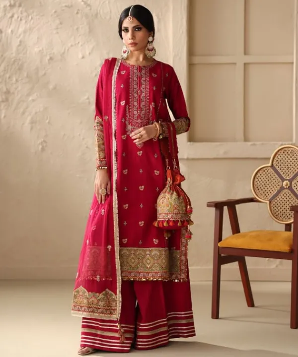 Best Sapphire 3 Piece - Embroidered Raw Silk Suit Fuchsia PinkDupatta