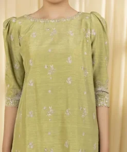 Best Sapphire 3 Piece - Embroidered Raw Silk Suit Tea GreenDupatta
