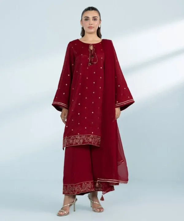 Clearance Sapphire 3 Piece - Embroide Raw Silk Suit Red