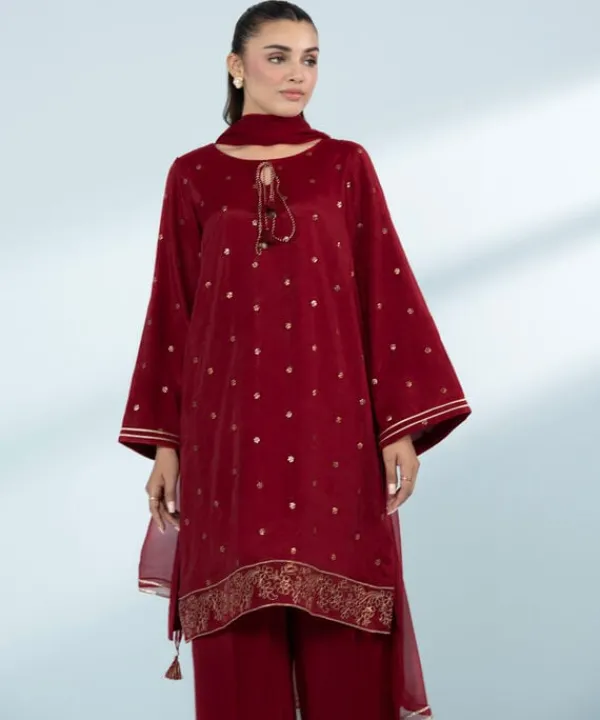 Clearance Sapphire 3 Piece - Embroide Raw Silk Suit Red