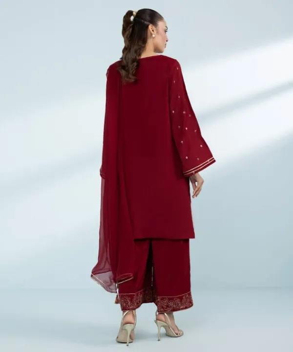 Clearance Sapphire 3 Piece - Embroide Raw Silk Suit Red
