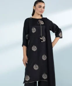 Online Sapphire 3 Piece - Embroidered Raw Silk Suit Black