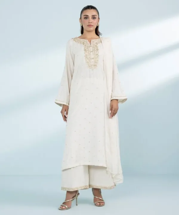 Fashion Sapphire 3 Piece - Embroidered Raw Silk Suit Off White
