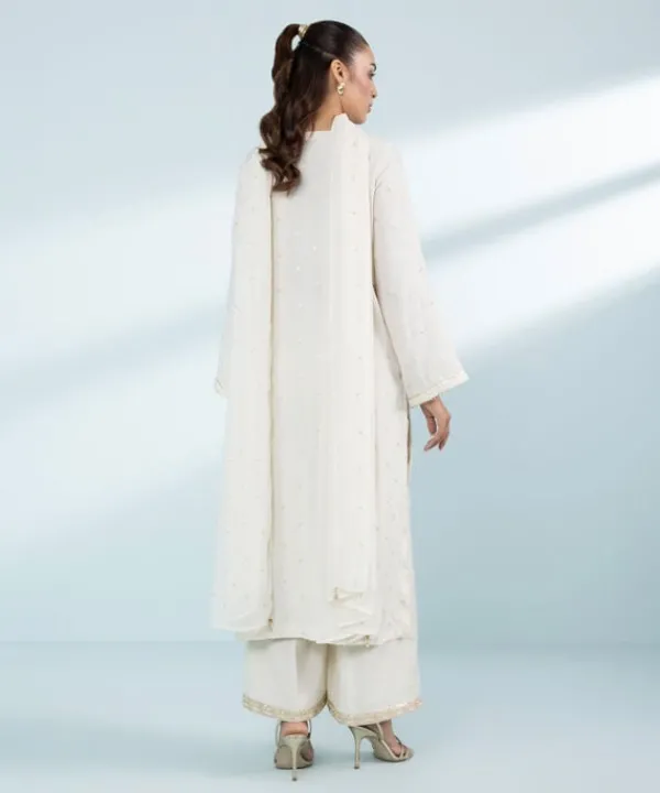 Fashion Sapphire 3 Piece - Embroidered Raw Silk Suit Off White