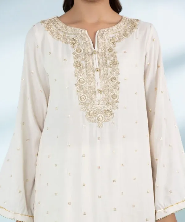 Fashion Sapphire 3 Piece - Embroidered Raw Silk Suit Off White