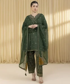 Hot Sapphire 3 Piece - Embroidered Zari Lawn Suit GreenDupatta