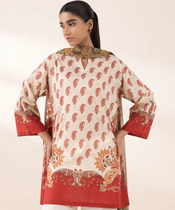 Discount Sapphire 3 Piece - Printed Lawn Suit Maroon and CreamDupatta
