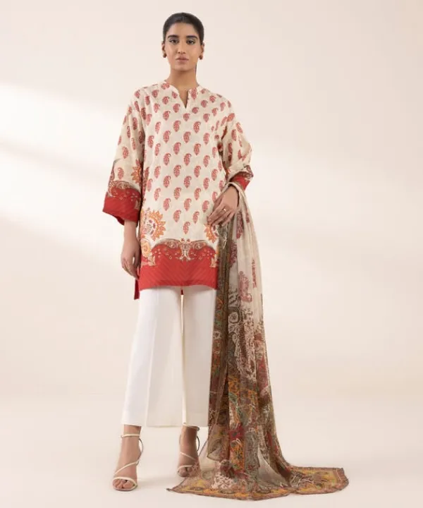 Discount Sapphire 3 Piece - Printed Lawn Suit Maroon and CreamDupatta