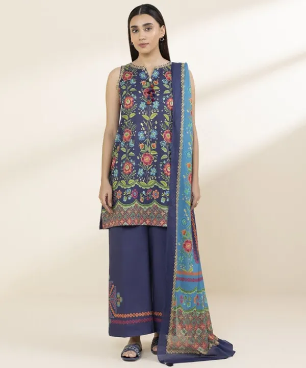 Discount Sapphire 3 Piece - Printed Lawn Suit Multi On Navy BlueDupatta