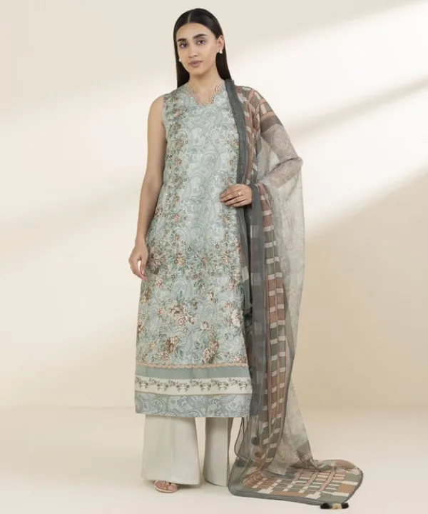 Clearance Sapphire 3 Piece - Printed Lawn Suit TurquoiseDupatta