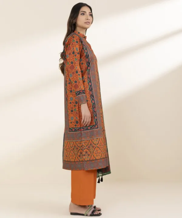 New Sapphire 3 Piece - Printed Lawn Suit Rust OrangeDupatta