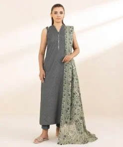 Best Sapphire 2 Piece - Printed Zari Lawn Suit GreyDupatta