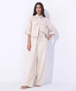 Hot Sapphire Blended Linen Pull On Trousers Khaki