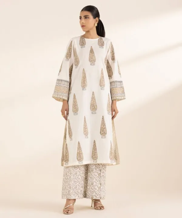 Best Sapphire Block Printed Lawn Shirt White