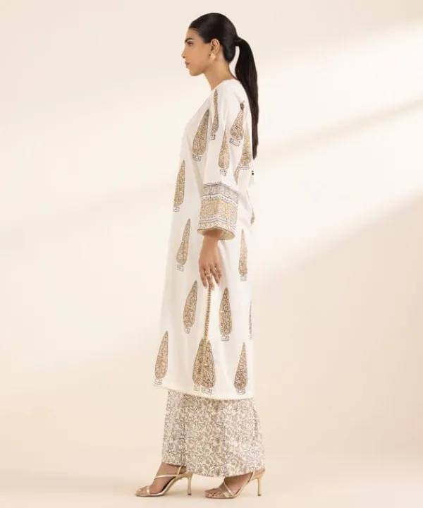 Best Sapphire Block Printed Lawn Shirt White