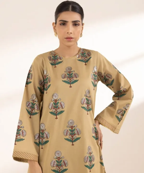 Hot Sapphire Block Printed Lawn Shirt Brown