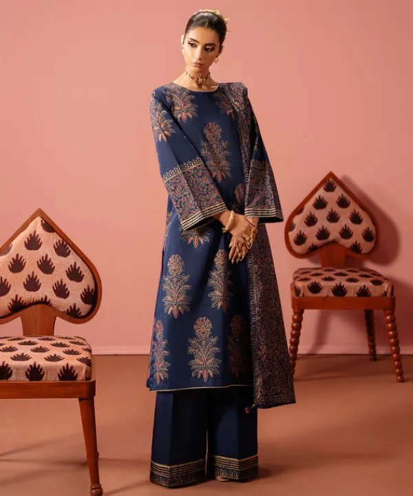 Sale Sapphire Block Printed Lawn Shirt Blue