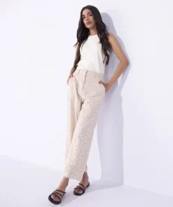 Clearance Sapphire Cotton Embroidered Trousers Beige