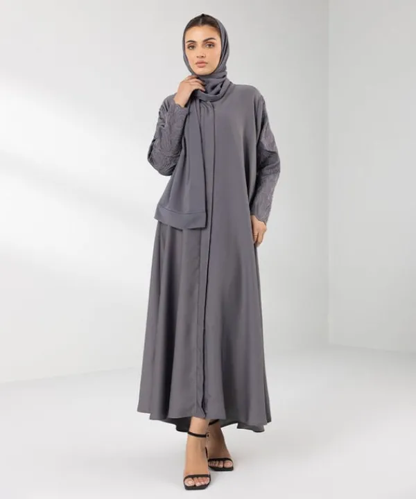 New Sapphire Embroidered Button Through Abaya Set grey