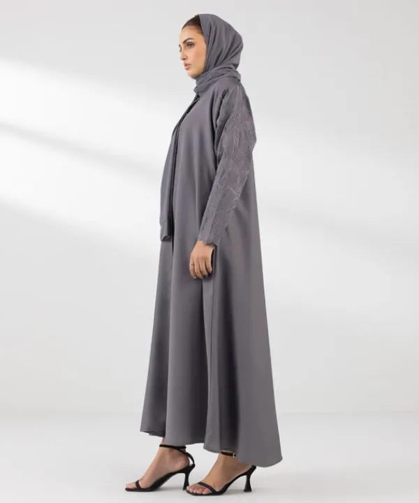 New Sapphire Embroidered Button Through Abaya Set grey