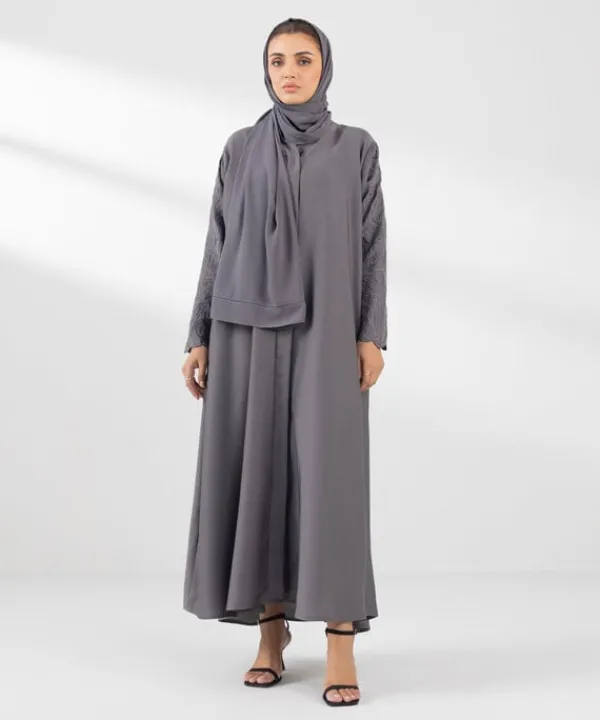 New Sapphire Embroidered Button Through Abaya Set grey