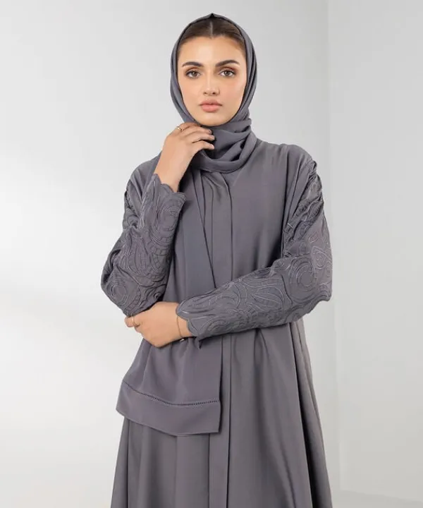 New Sapphire Embroidered Button Through Abaya Set grey
