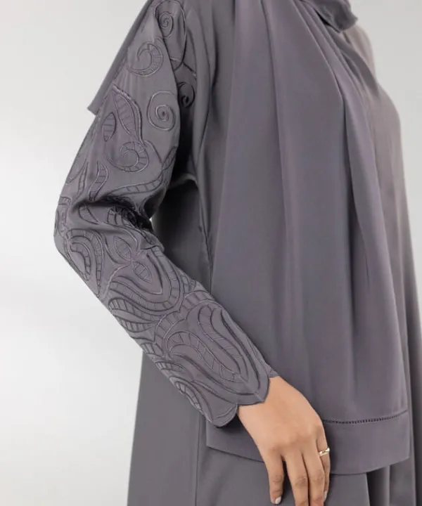 New Sapphire Embroidered Button Through Abaya Set grey