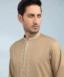 Sale Sapphire Embroidered Cotton Kurta - Slim Fit Brown
