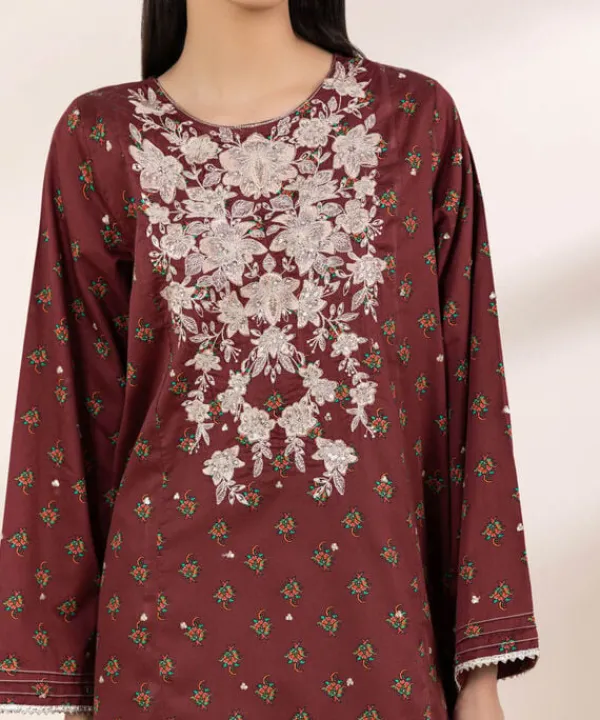 Sale Sapphire Embroidered Cotton Satin Shirt Maroon