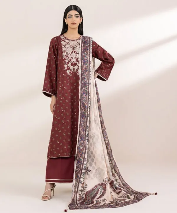 Sale Sapphire Embroidered Cotton Satin Shirt Maroon