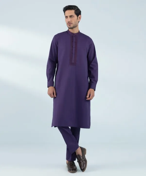 Clearance Sapphire Embroidered Cotton Suit - Slim Fit Purple