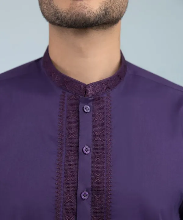 Clearance Sapphire Embroidered Cotton Suit - Slim Fit Purple