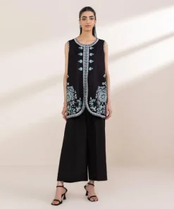 Clearance Sapphire Embroidered Dobby Front-Open Shirt Black