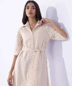 Hot Sapphire Embroidered Dress With Belt Beige