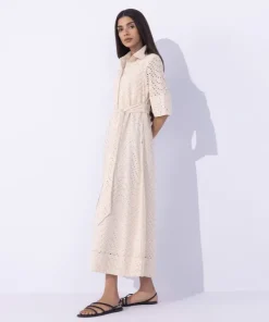 Hot Sapphire Embroidered Dress With Belt Beige