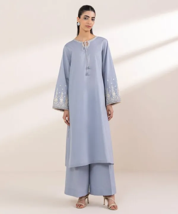 Hot Sapphire Embroidered Lawn Shirt Blue