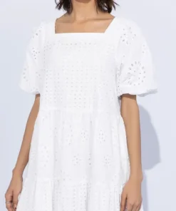 Hot Sapphire Embroidered Tier Dress White