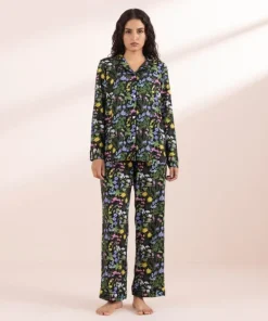 Online Sapphire Floral Print Woven PJ Set Black