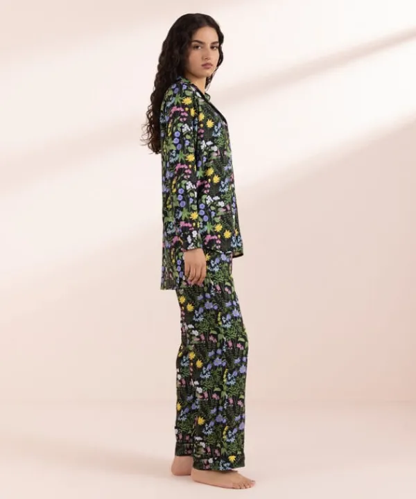 Online Sapphire Floral Print Woven PJ Set Black