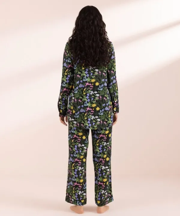 Online Sapphire Floral Print Woven PJ Set Black