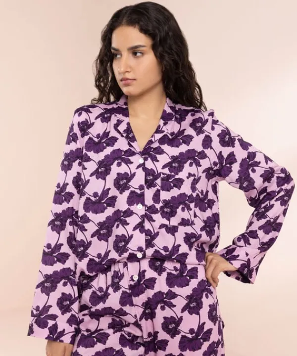 Fashion Sapphire Floral Print Woven PJ Set Pink & Purple