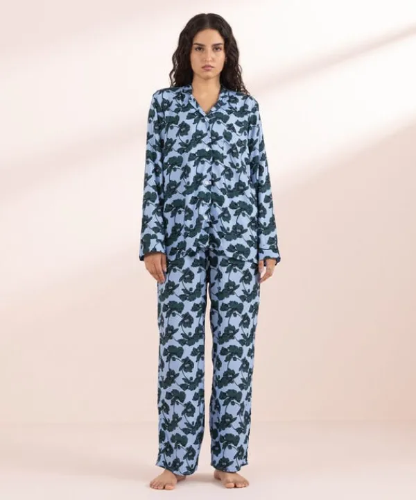 Online Sapphire Floral Print Woven PJ Set Blue & Green