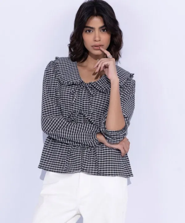 Fashion Sapphire Gingham Top With Tie Fastening Black & White