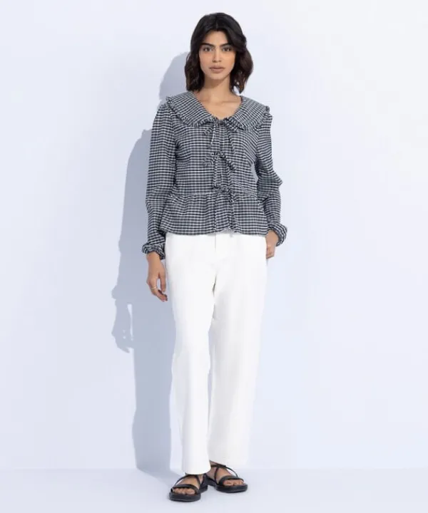 Fashion Sapphire Gingham Top With Tie Fastening Black & White