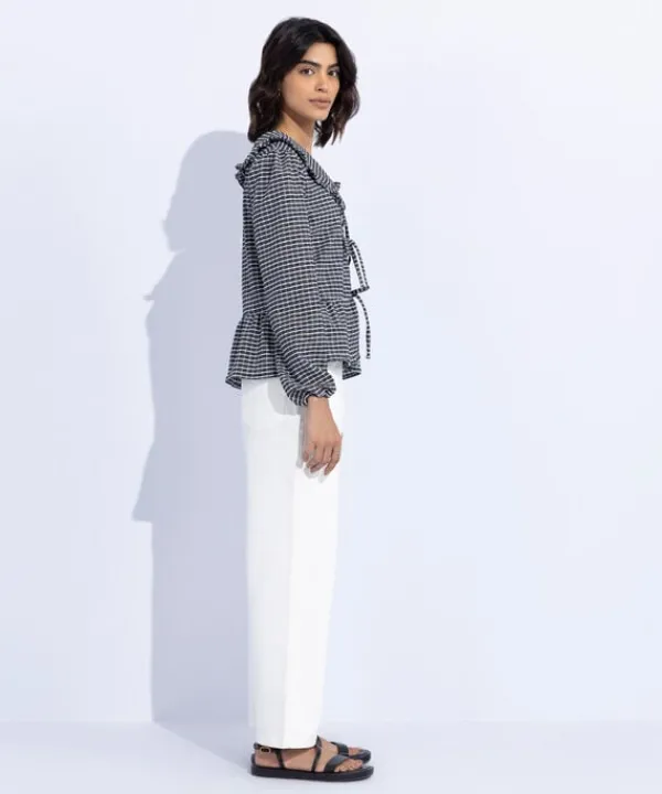 Fashion Sapphire Gingham Top With Tie Fastening Black & White