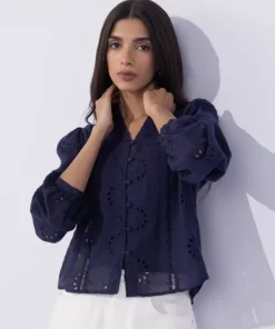 Best Sapphire Lace Insert Embroidered Shirt Navy Blue