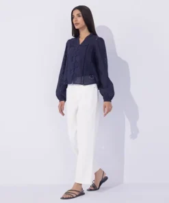 Best Sapphire Lace Insert Embroidered Shirt Navy Blue