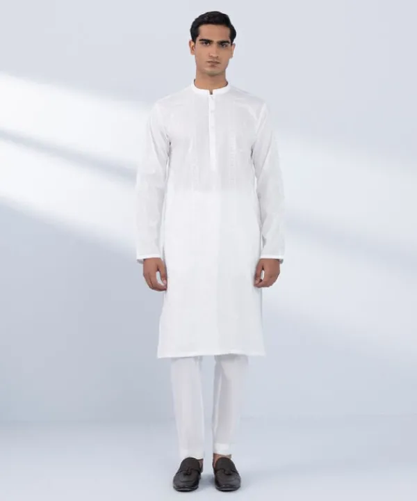 Hot Sapphire Schiffli Embroidered Cotton Suit - Regular Fit White