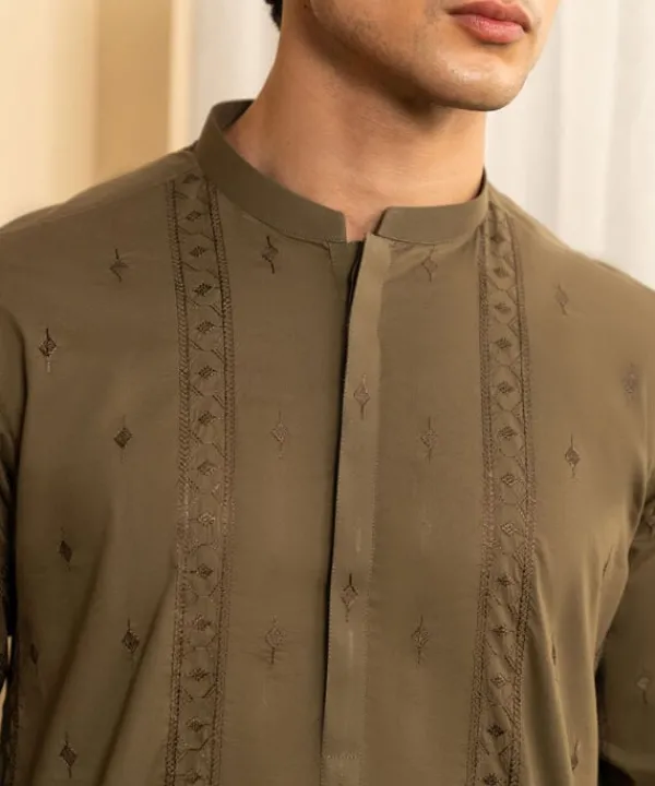Best Sapphire Schiffli Embroidered Cotton Suit - Slim Fit Green