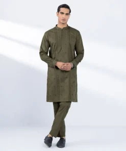 Best Sapphire Schiffli Embroidered Cotton Suit - Slim Fit Green